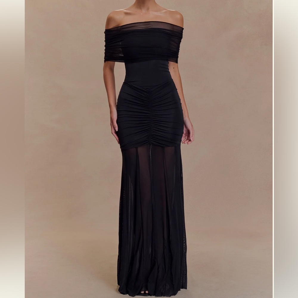 Meshki Caspian Black One-Shoulder Ruched Sheer Maxi Dress (small)